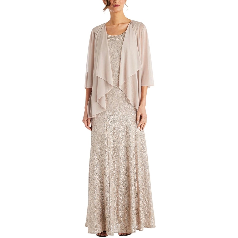 R&M Richards Champagne Lace Maxi Dress with Chiffon Jacket